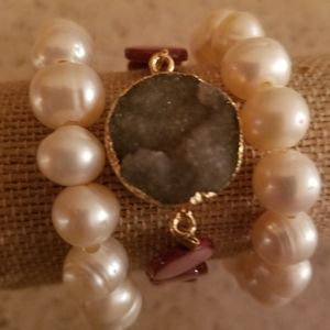 Pearl and Druzy Agate bracelet set
